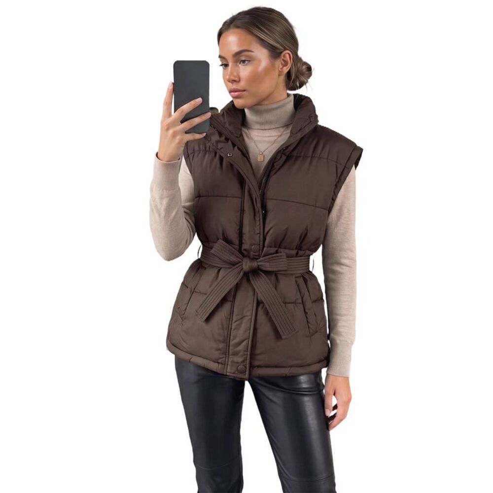 Women Belted Puffer Stand Collar Zip Up Padded Jacket Coffee